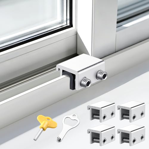 Sliding Window Locks with Key (4 Sets) Window Locks for Up and Down Windows and Horizontal Sliding Windows Window Stopper Easy to Install Without Drilling for Homes Apartments and Hotels(Silver)