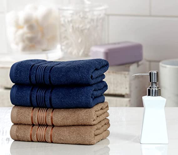Image of 100% Cotton 4 Piece Hand Towel Set, 380 GSM Super Absorbency & Ultrasoft (40x60cm.) (Navy & Beige)