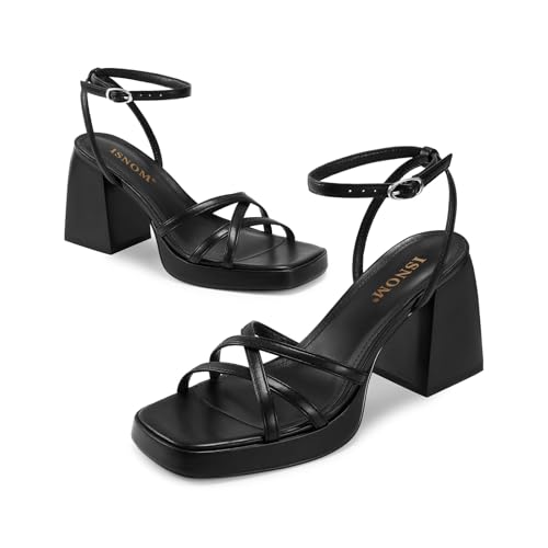 Image of ISNOM Platform Heels for Women Block Chunky Sandals Strappy Ankle Strap | Platform Heels with Square Toe and Ankle Strap. Comfortable Chunky Sandals for Weddings, Parties, and Daily Wear