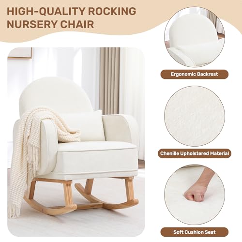 Image of HCHAIRH Rocking Chair with Ottoman, Upholstered Glider Rocker with High Backrest and Side Pocket, Comfy Chenille Reading Chair with Solid Wood Legs for Nursery, Living Room,Bedroom Beige