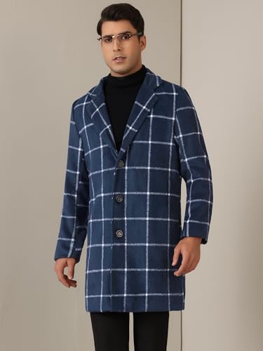 Image of Lars Amadeus Navy Blue Plaid Coat for Men's Color Block Single Breasted Winter Checked Overcoat Medium