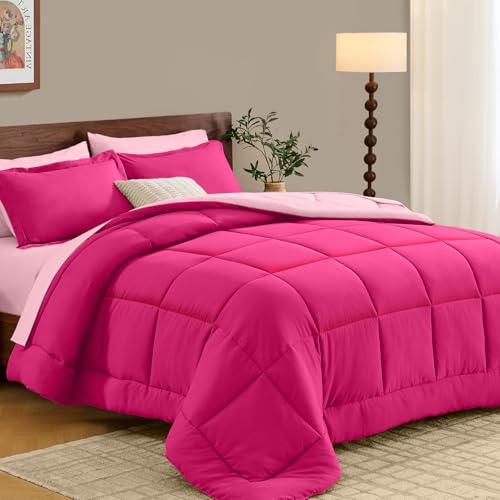 FUANNA Queen Comforter Set 7 Pieces Reversible Queen Size Bed in a Bag with All Season Soft Comforter Bedding Sets Includes Comforter Flat Sheet Fitted Sheet Pillowcases & Shams Hot Pink & Pink