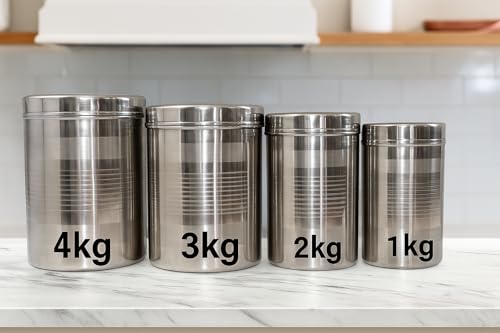 Image of Duodeno inchStainless Steel Storage Containers Set of 4 (1kg, 2kg, 3kg, 4kg) | Airtight Multipurpose Kitchen Canisters for Tea, Sugar, Coffee & Dry Food Steel Storage Round Dabba (Silver)