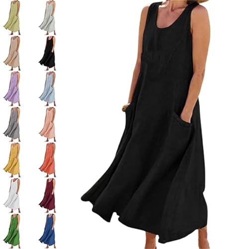 Vestidos de lino para mujer, estilo bohemio, sin mangas, talla extragrande, vestidos largos de playa con bolsillos, vestido de verano liso, Negro, 4XL