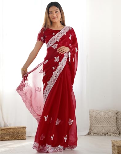 Image of SIRIL Women's Shimmer Chiffon Sequence Embroidery Saree With Unstitched Blouse Piece for Wedding and Parties
