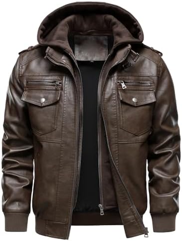 HOOD CREW Men's Faux Leather Hooded Jacket, Wind-Resistant PU Mot...