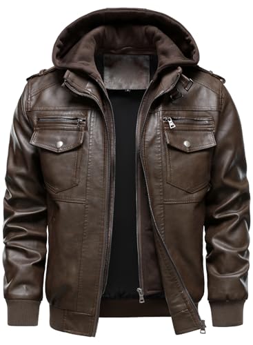 HOOD CREW Men's Faux Leather Hooded Jacket Motorcycle Jackets Water Repellent Windproof PU Moto Vintage Bomber Hoodie Coats Coffee XL