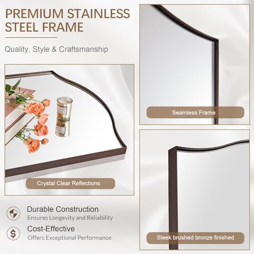Image of ANDY STAR 24 inchx36 inch Bronze Bathroom Mirror, Rectangle Scalloped Wall Mirror in Stainless Steel Metal Frame, Modern Brushed Bronze Finish with Curved Edge Design, Wall-Mount Vertically or Horizontally