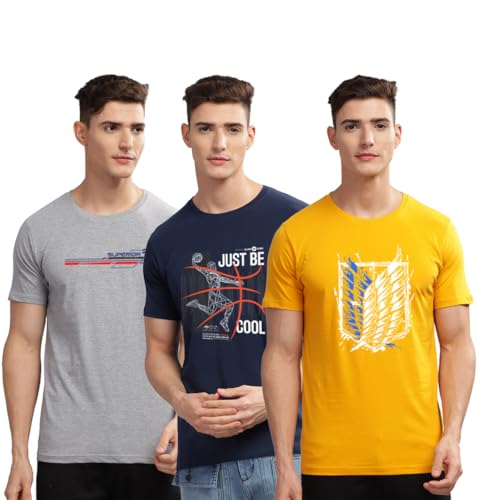 Image of ADRO 100% Cotton Lycra Tshirts for Men Combo Pack of 3 | Regular Fit | Printed T Shirt | Round Neck Half Sleeve| Mens Tshirts