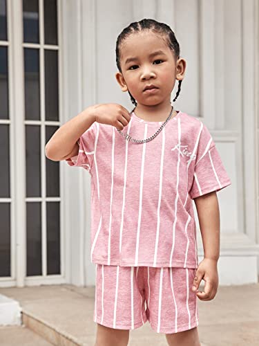 Image of WDIRARA Toddler Boy's 2 Piece Outfit Striped Letter Graphic Print Short Sleeve Tee and Shorts Set