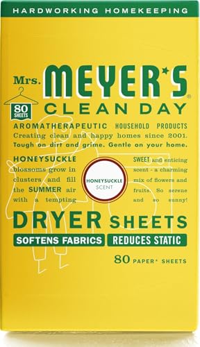 MRS. MEYER'S CLEAN DAY Dryer Sheets, Fabric Softener, Honeysuckle, 80 Count
