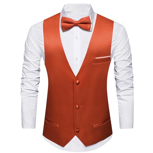 Image of Barry.Wang Mens Suit Vest Bow Tie Set 4PCS Formal V-neck Slim Fit Casual Solid Color Waistcoat Wedding Party Tuxedo