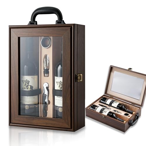HiCrast Wine Box, 2 Bottle Top Handle with 3 Accessory Gift for Wedding,Party,Gift,Birthday,Vintage...