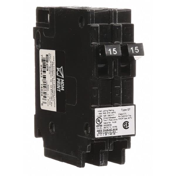 Miniature Circuit Breaker, 15/15 A, 120V AC, 1 Pole, Plug in Mounting Style