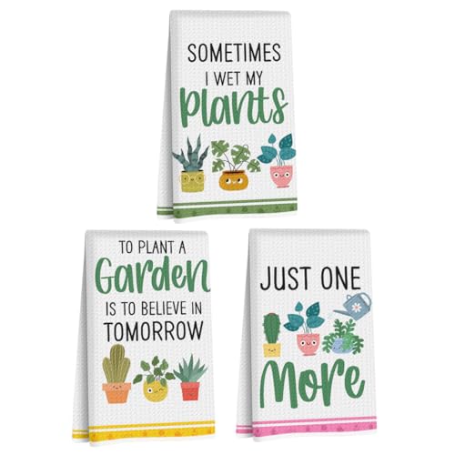Image of 3 Pcs Funny Kitchen Plants Dish Towel 24x14 Inch, Plant Cactus Waffle Weave Hand Dish Towels Tea Towel for Kitchen Home Bathroom Farmhouse Decor, Plants Gifts for Women Mom Friend