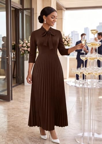 Image of FANDEE Maxi Dress for Women Formal 3 /4 Sleeve Pleated Empire Long Dress Semi Formal Tie Neck Office Work Dresses