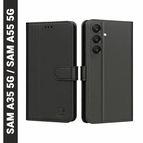 Image of AIBEX Shock Proof Flip Compatible for Samsung Galaxy A55 5G / Samsung Galaxy A35 5G Flip Cover Leather Finish | Inside TPU with Card Pockets | Wallet Stand | Complete Protection Flip Case - Black