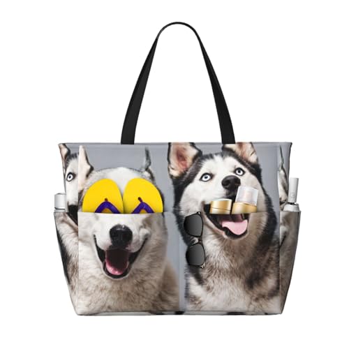 Grand sac de plage imprimé husky pour femme avec poignées robustes