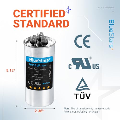 BlueStars 70+10 uF ±5% 70/10 MFD 370/440 VAC Dual Run Start Round Capacitor 50/60Hz 10000AFC for Condenser Straight Cool or Heat Pump Air Conditioner or AC Motor and Fan Starting