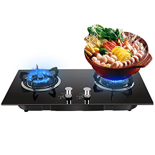 Funwill Gas Cooktops, Gas Stove Gas Cooktop 2 Burners Tempered Glass Built in Gas Stove Cooker Household Kitchen Cooktops Cooker Black 2800 Pa - US in Stock (Steel Cover)