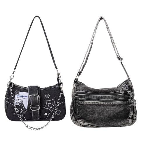 Denim Purses for Women Grunge Y2k Purse Y2k Bag Black Y2k Accessories Goth Punk Shoulder Bag Denim Tote Bag Casual Retro Crossbody Lightweight Shoulder Bag Canvas Handbags