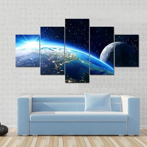 Tableau Terre et Lune décoration murale 5 parties avec cadre grand format pour salon