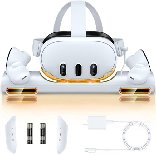 Estação de carregamento para Meta Quest 3, base de carregamento magnético rápido RGB compatível com fone de ouvido e controles Oculus Meta Quest 3 VR, com 2 baterias recarregáveis, carregador USB-C e