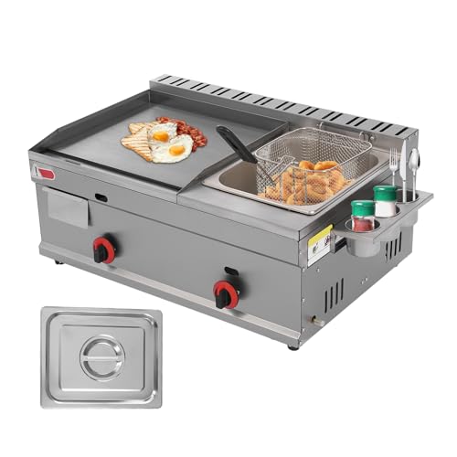 JAYGOVAN Commercial Propane Deep Fryer, 6L Stainless Steel Gas Propane Flat Top Grill Griddle with Removable Basket, Stainless Steel Countertop Fryer W/Temperature Control for Restaurant and Home Use