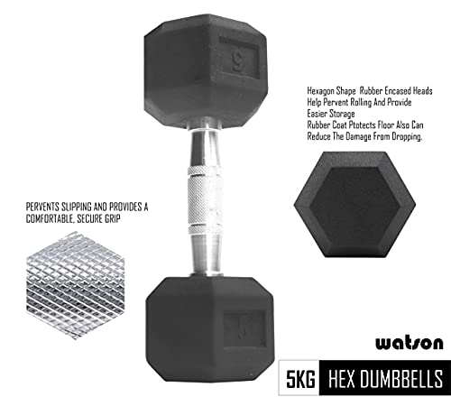 Image of Watson,dumbbell set, Rubber Coated Caste Iron Hex Dumbbell, Anti Slip Grip, 5kg Hexagonal Dumbbell Single Pc For Home Gym Professional Strength Training, Weight Lifting, Workout