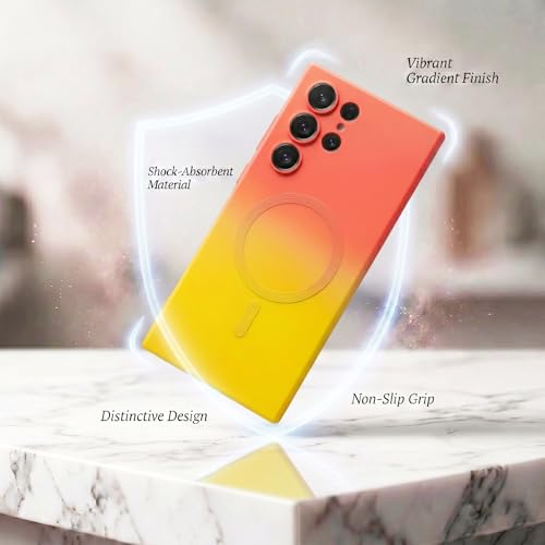 Image of amazon basics Gradient Mag-Safe Case for Samsung Galaxy S22 Ultra | Soft Silicone Shockproof Cover with Camera Protection | Slim Lightweight Design | Smooth Touch & Durable - Orange & Yellow