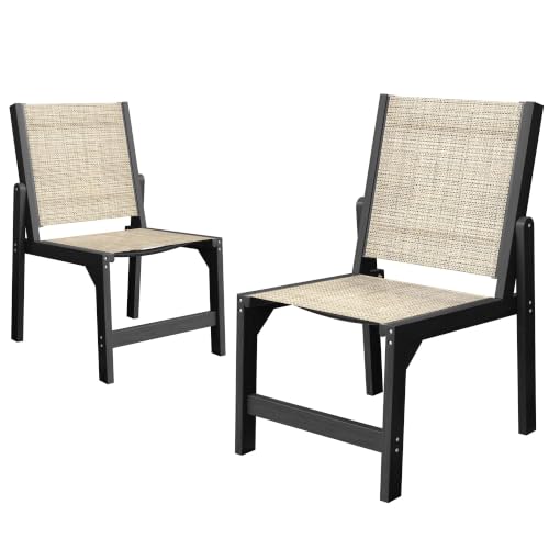 Image of Patio Stackable Chairs Set of 2, HDPE Armless Outdoor Dining Chairs with Wide Seat, All-Weather Textilene Oversized Porch Chair for Garden, Poolside, Backyard, Deck | Black