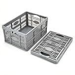 32L Stackable Folding Storage Crates Pack of 2 | Fold Flat Space-Saving Plastic Boxes for Home Organisation, Laundry, Shopping, Garage & Wardrobe | Silver