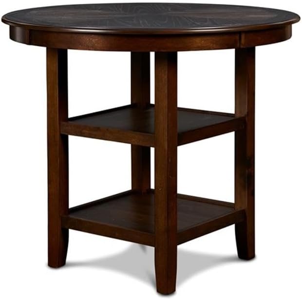 Pemberly Row Contemporary 5-Piece Wood Dining Set, 42 in Round Table with Cherry Finish and Reverse Diamond Veneer, Includes 4 Counter Height Upholstered Chairs, Light Gray Fabric, Transitional