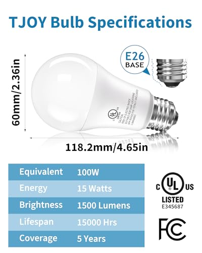 TJOY 12 Pack LED Light Bulbs, 100 Watt Equivalent A19, 5000K Daylight LED Bulb, 15W Bright White Energy Saving Lightbulb - Additional View