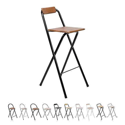 THE SECRET HOME Taburete Plegable con Respaldo - Silla Plegable de Metal y Madera - Ideal para Cocina, Terraza o Jardín (Alto. 99 cm x Largo. 49 cm - Madera Oscura)