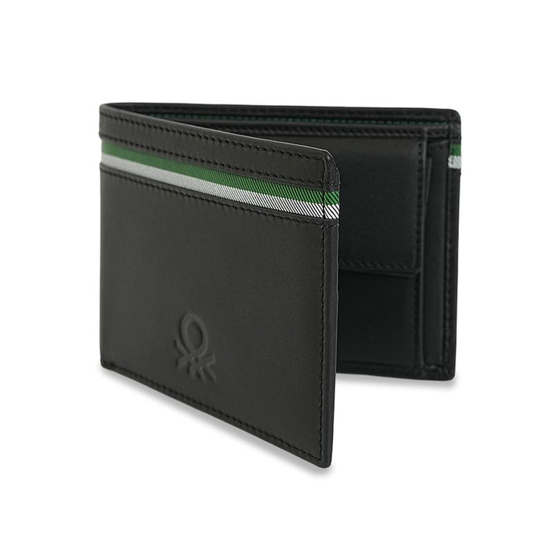 Image of United Colors of Benetton Men's Global Coin Wallet Wiltshire | Black Leather with Signature Tape Inlay | Small Bi-Fold with Coin Pocket | Stylish Purse