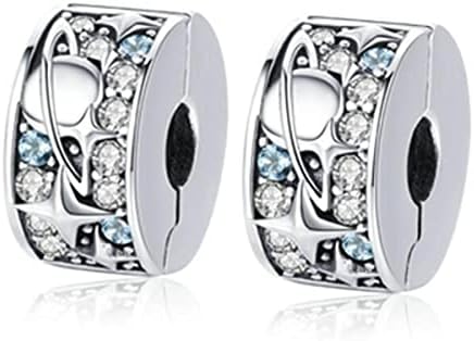 Clip Spacer Charm 925 Sterling Silver Blue White Crystal Charm Clip Lock Spacer Stopper Charm Bead for Bracelet,Compatible with European Charm Bracelet Beads