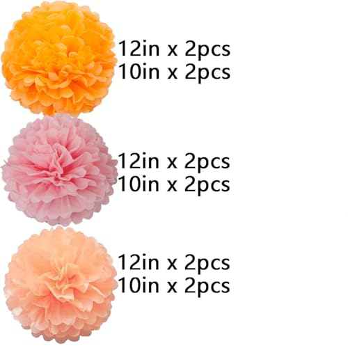 Image of We Moment Orange Pink and Peach Paper Flowers Pom Poms Decorations for Party Decorations Baby Shower Ceiling Wall Hanging Tissue Pom Poms 12pcs 3 Colors