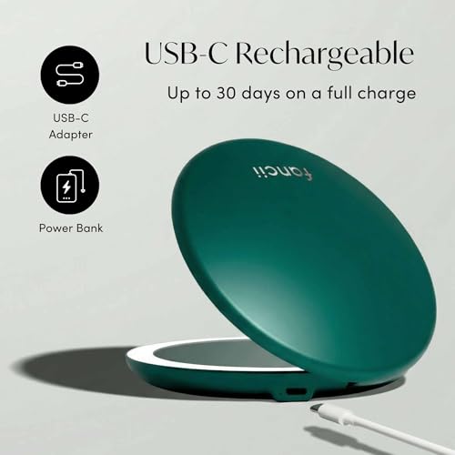 Image of Fancii Taylor Rechargeable Travel Makeup Mirror with LED Lights, 10x /1x Magnifying, 3 Light Settings, Large 5 inch Wide | Compact Mirror for Purses (Emerald Envy)