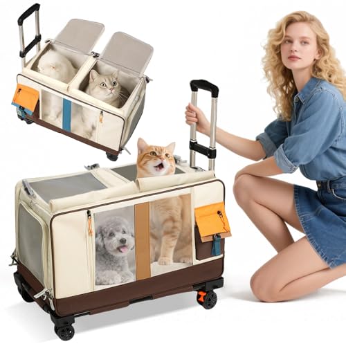 PETCUTE Trasportino Doppio Scomparto per 2 Gatti con Ruote,Trasportino per 2 Gatto,Pieghevole Trolley per 2 Gatti con Tappetino Rimovibile,Ideale per Viaggi,Veterinario & Campeggio,Marrone