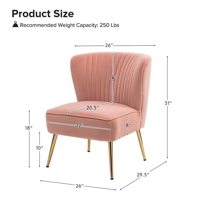 Image of Modern Upholstered Accent Velvet Chair Single Seater Channel Tufted Wing Back Chair with Golden Matel Legs for Living Room, Bedroom, Dining Room, Pink