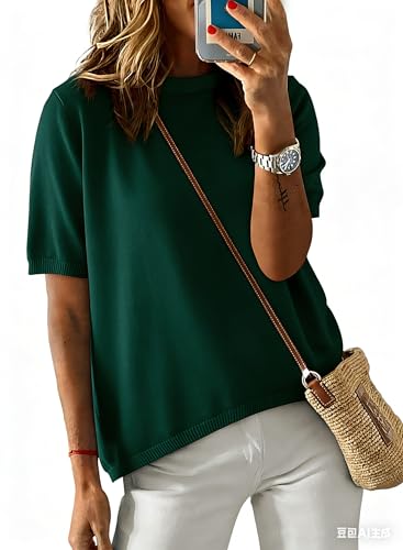 Image of Womens Short Sleeve Striped Color Block Crew Neck Sweater Shirt Lightweight Cotton Casual Summer Pullover Tops