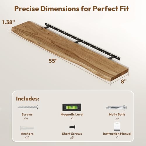 Image of Vivelove Wood Floating Shelves Live Edge 55 inch Set of 1, Natural