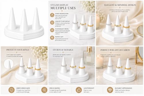 Image of morel JEWEL FINGER RING HOLDERS PLASTIC 3 MOUNT JEWELRY WHITE STAND RING CONE FINGER STORAGE ORGANIZER PERFECT FOR BUSINESS PHOTOSHOOT ROOM DECORATION.(PACK OF 2)