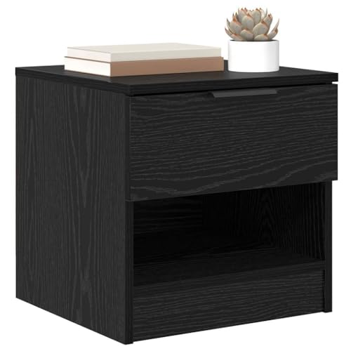 Table de chevet noire aspect chêne à 2 tiroirs et étagères pour chambre