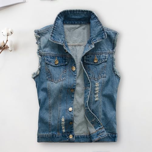 SHINROAD Warm herenjack voor heren, effen kleur, revers, vest met zakken, gescheurd, mouwloos, hiphop, streetwear, vest, denim vest voor de lente - Image 5