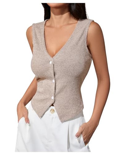 Milumia Women's V Neck Sleeveless Button Down Tank Top Ribbed Knit Fitted Vest Top