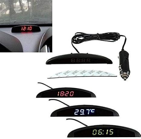 Riloer 3-in-1 Car Digital Dashboard Clock, LED Temperature Gauge and Voltmeter Monitor, Heat Resistant Interior Thermometer with Time Memory, 12V Universal Compatible with Ford, Toyota, Honda (Blue)