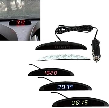 Riloer 3-in-1 Car Digital Dashboard Clock, LED Temperature Gauge and Voltmeter Monitor, Heat Resistant Interior Thermometer with Time Memory, 12V Universal Compatible with Ford, Toyota, Honda (Blue)