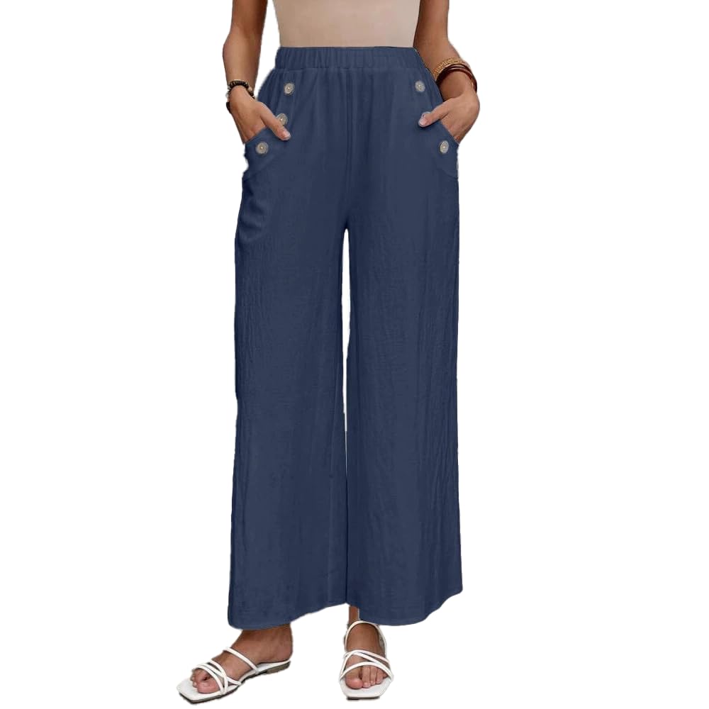 Womens Loose Casual Pants Elastic Waist Wide Leg Trousers Cotton Pants Pockets with Button